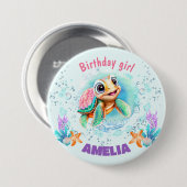 かわいいハッピーカラフルウミガメ1歳の誕生日 缶バッジ (正面&裏面)