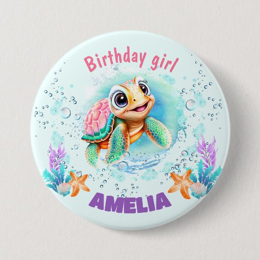 かわいいハッピーカラフルウミガメ1歳の誕生日 缶バッジ (正面)