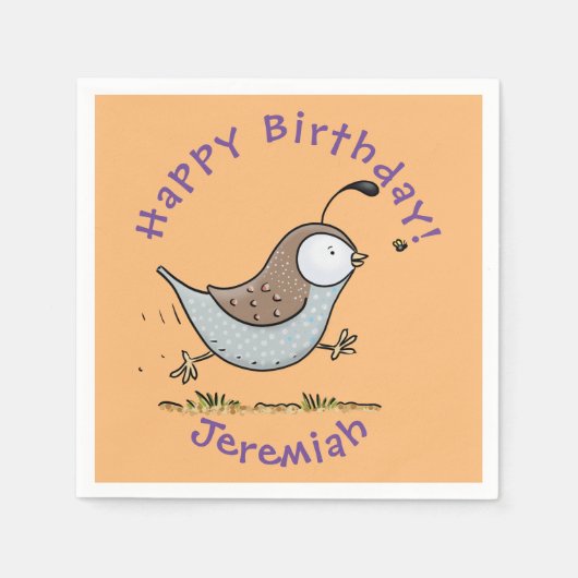 かわいいハッピーカリフォルニアウズラの漫画イラストレーション スタンダードカクテルナプキン (正面)