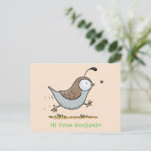 かわいいハッピーカリフォルニアウズラの漫画イラストレーション ポストカード (スタンド正面)