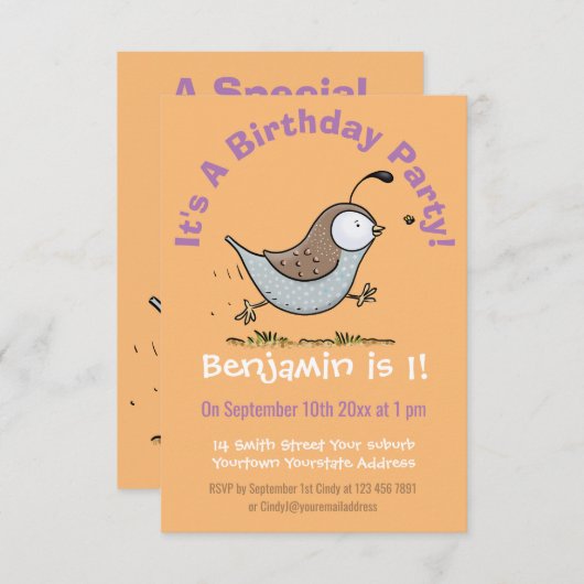 かわいいハッピーカリフォルニアウズラの漫画イラストレーション 招待状 (正面/裏面)