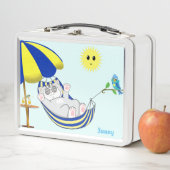 かわいいハッピーキティキャット、太陽 & 青い小さな鳥 メタルランチボックス (インサイチュ)