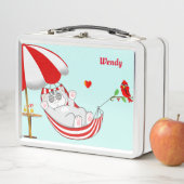 かわいいハッピーキティ猫, ハート & 赤い小鳥 メタルランチボックス (インサイチュ)