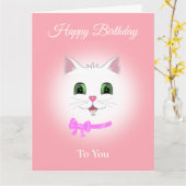 かわいいハッピーキャット顔誕生日オンライトコーラルピンク カード (黄色い花)