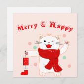 かわいいハッピーキャッメリート&ハッピー |クリスマスフラットカード シーズンカード (正面/裏面)