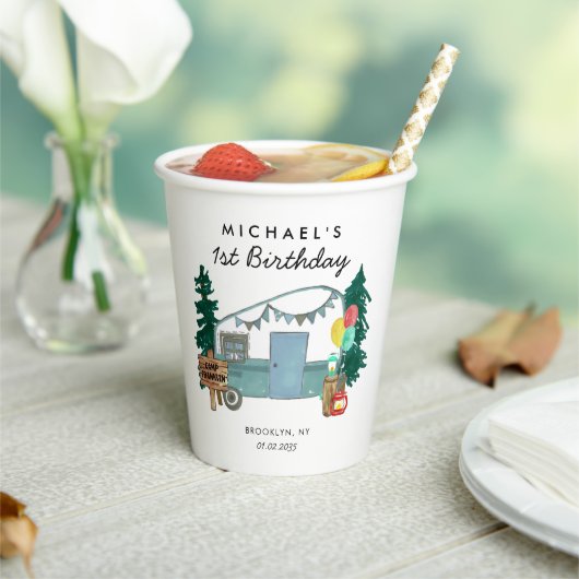 かわいいハッピーキャンパーバンツリーズキャンピング1st誕生日 紙コップ (インサイチュ)