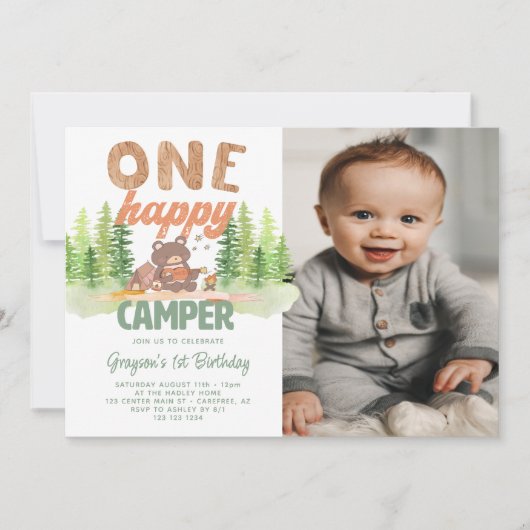 かわいいハッピーキャンパー写真1st誕生日招待状 招待状 (正面)