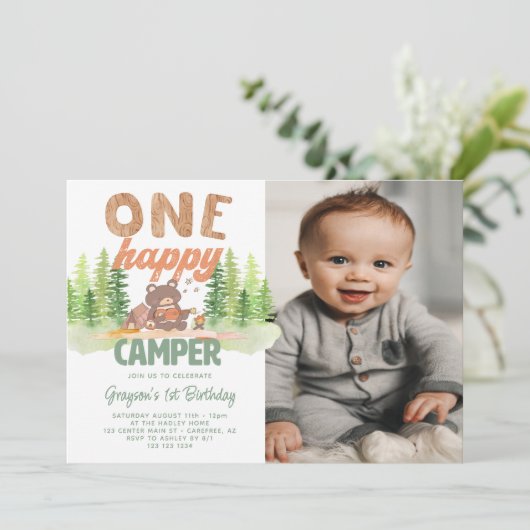 かわいいハッピーキャンパー写真1st誕生日招待状 招待状 (スタンド正面)