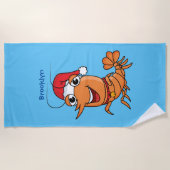 かわいいハッピークリスマスエビの漫画イラストレーション ビーチタオル (正面)