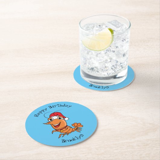 かわいいハッピークリスマスエビの漫画イラストレーション ラウンドペーパーコースター (インサイチュ)