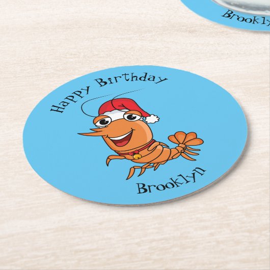 かわいいハッピークリスマスエビの漫画イラストレーション ラウンドペーパーコースター (アングル)