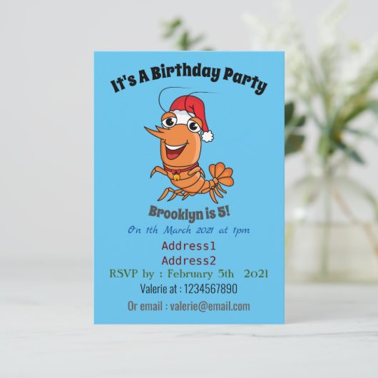 かわいいハッピークリスマスエビの漫画イラストレーション 招待状 (スタンド正面)