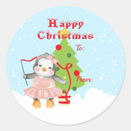かわいいハッピークリスマスペンギンバレリーナギフト ラウンドシール