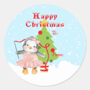 かわいいハッピークリスマスペンギンバレリーナギフト ラウンドシール