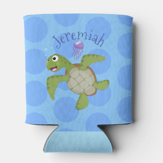 かわいいハッピーグリーンウミガメ漫画イラストレーション 缶クーラー (裏面)