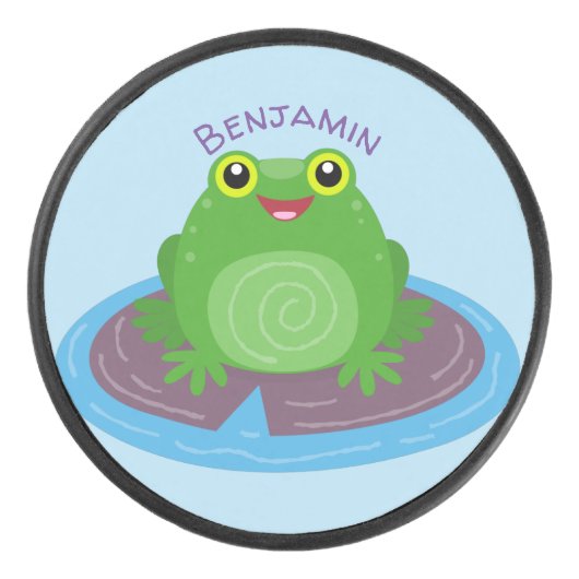 かわいいハッピーグリーンカエル漫画イラストレーション アイスホッケーパック (正面)