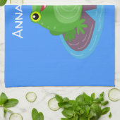 かわいいハッピーグリーンカエル漫画イラストレーション キッチンタオル (折り畳み)