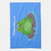 かわいいハッピーグリーンカエル漫画イラストレーション キッチンタオル (縦)