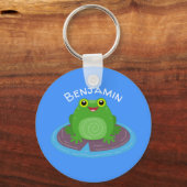 かわいいハッピーグリーンカエル漫画イラストレーション キーホルダー (正面)