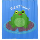 かわいいハッピーグリーンカエル漫画イラストレーション シャワーカーテン (正面)