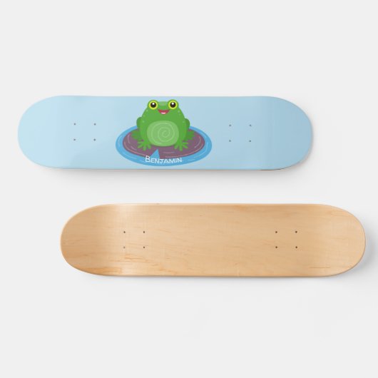 かわいいハッピーグリーンカエル漫画イラストレーション スケートボード (横)