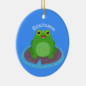 かわいいハッピーグリーンカエル漫画イラストレーション セラミックオーナメント (右)