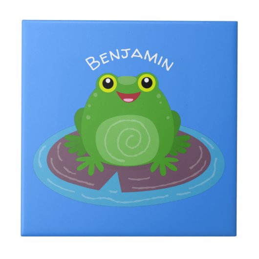 かわいいハッピーグリーンカエル漫画イラストレーション タイル (正面)