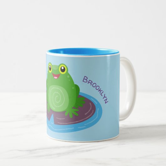 かわいいハッピーグリーンカエル漫画イラストレーション ツートーンマグカップ (正面右)
