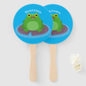 かわいいハッピーグリーンカエル漫画イラストレーション ハンドファン (正面&裏面)