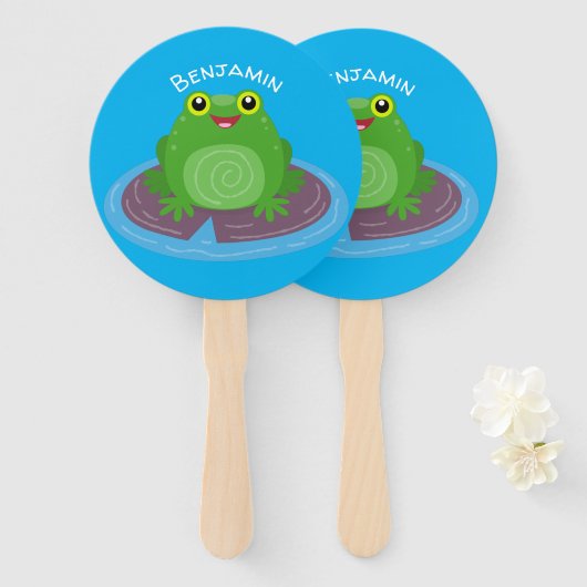 かわいいハッピーグリーンカエル漫画イラストレーション ハンドファン (正面&裏面)