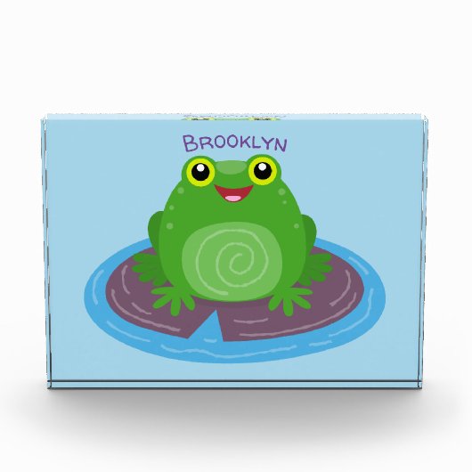 かわいいハッピーグリーンカエル漫画イラストレーション フォトブロック (正面)