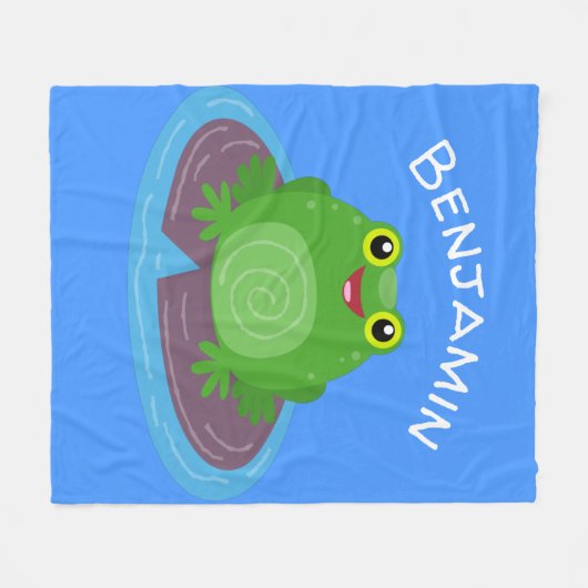 かわいいハッピーグリーンカエル漫画イラストレーション フリースブランケット (正面(横))