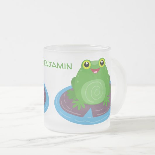 かわいいハッピーグリーンカエル漫画イラストレーション フロストグラスマグカップ (正面右)