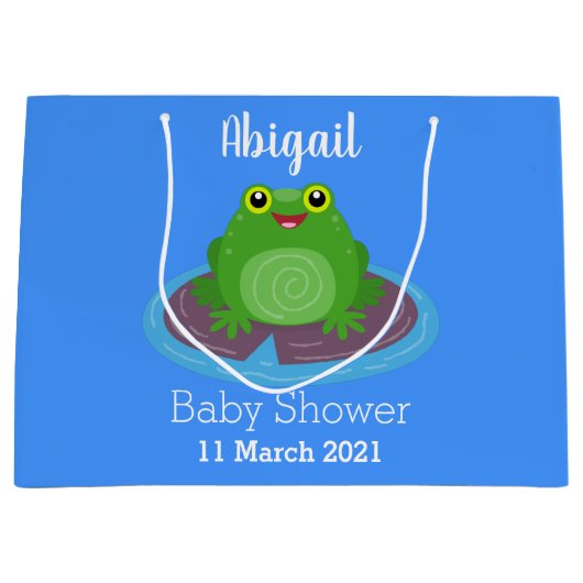 かわいいハッピーグリーンカエル漫画イラストレーション ラージペーパーバッグ (正面)