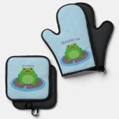 かわいいハッピーグリーンカエル漫画イラストレーション 鍋つかみ&鍋敷きセット (正面/裏面)