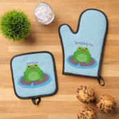 かわいいハッピーグリーンカエル漫画イラストレーション 鍋つかみ&鍋敷きセット (トップダウン)