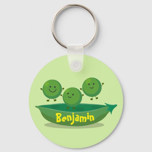 かわいいハッピーグリーンピースとポッド漫画イラストレーション キーホルダー (正面)