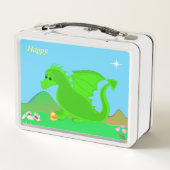 かわいいハッピーグリーンベビードラゴン花&スター メタルランチボックス (裏面)