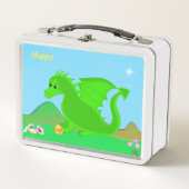 かわいいハッピーグリーンベビードラゴン花&スター メタルランチボックス (正面)