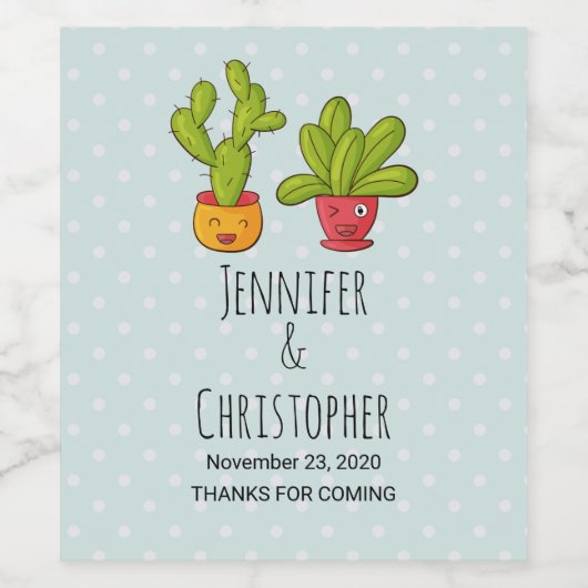 かわいいハッピーサボテンのペアinフラワーポット結婚おもしろい ワインラベル (シングルラベル)