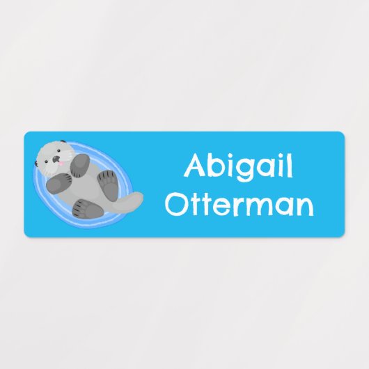 かわいいハッピーシーオッターブルーの漫画パーソナライズされた ラベル (デザイン1)