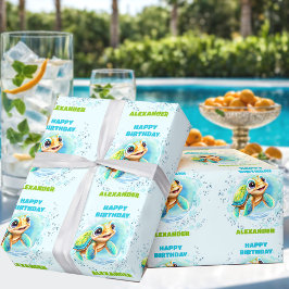 かわいいハッピーシータートルネームリトルボーイ誕生日 ラッピングペーパー