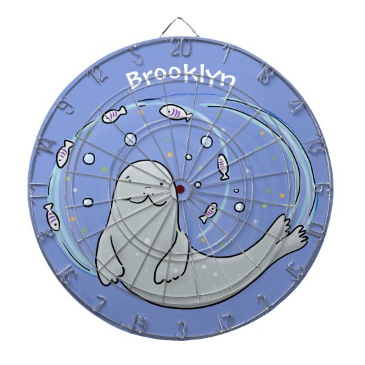 かわいいハッピーシールと魚の漫画イラストレーション ダーツボード (正面)