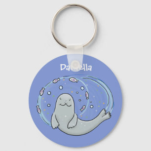 かわいいハッピーシールと魚の青い漫画イラストレーション キーホルダー