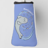 かわいいハッピーシールと魚の青い漫画イラストレーション ゴルフヘッドカバー (回転90)