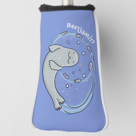 かわいいハッピーシールと魚の青い漫画イラストレーション ゴルフヘッドカバー (回転90)