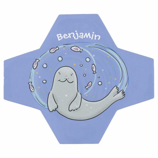 かわいいハッピーシールと魚の青い漫画イラストレーション サッカーボール (フラット)