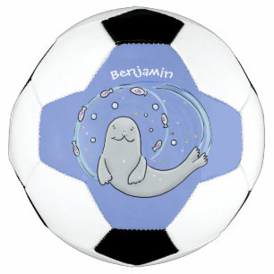 かわいいハッピーシールと魚の青い漫画イラストレーション サッカーボール