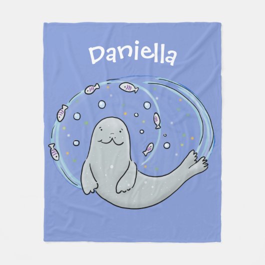 かわいいハッピーシールと魚の青い漫画イラストレーション フリースブランケット (正面)