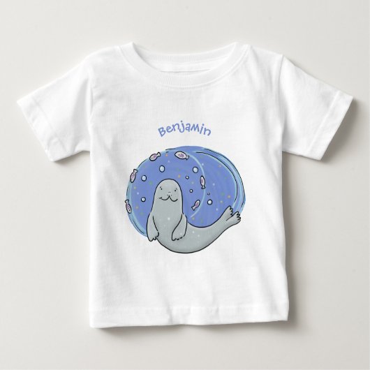 かわいいハッピーシールと魚の青い漫画イラストレーション ベビーTシャツ (正面)